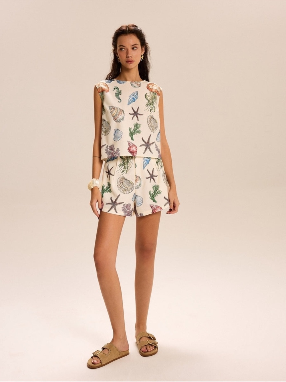 Commense Seashell Print Sleeveless Top and Shorts  Set  Cream Base - Picture 3 of 7